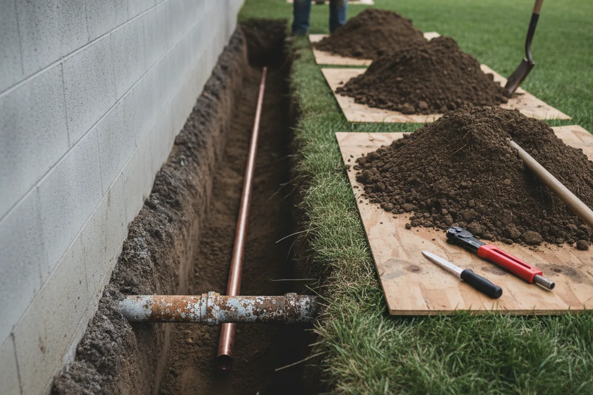 Excavated water line trench during Water Softener Installation in Pinsonfork